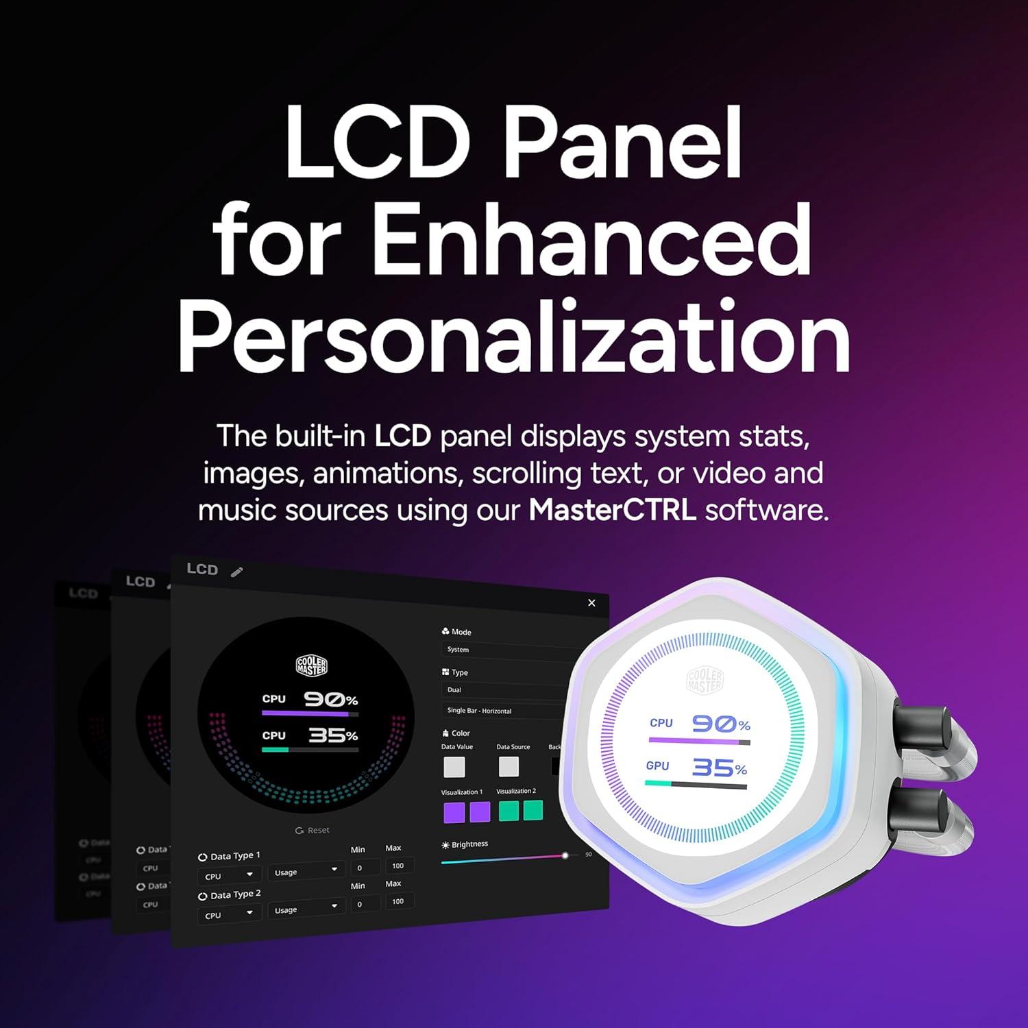 imageCooler Master Atmos II 360 Pixel LED Panel FreeForm 20 CPU Liquid Cooler Dual Chamber Pump Customizable aRGB Lighting Quiet Qperation Easy Install AMD Ryzen 9 AM54 Intel Ultra i9 LGA 18511700360 Atmos II LCD White