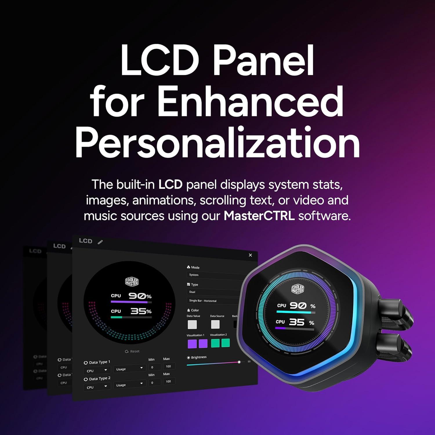 imageCooler Master Atmos II 360 Pixel LED Panel FreeForm 20 CPU Liquid Cooler Dual Chamber Pump Customizable aRGB Lighting Quiet Qperation Easy Install AMD Ryzen 9 AM54 Intel Ultra i9 LGA 18511700360 Atmos II LCD