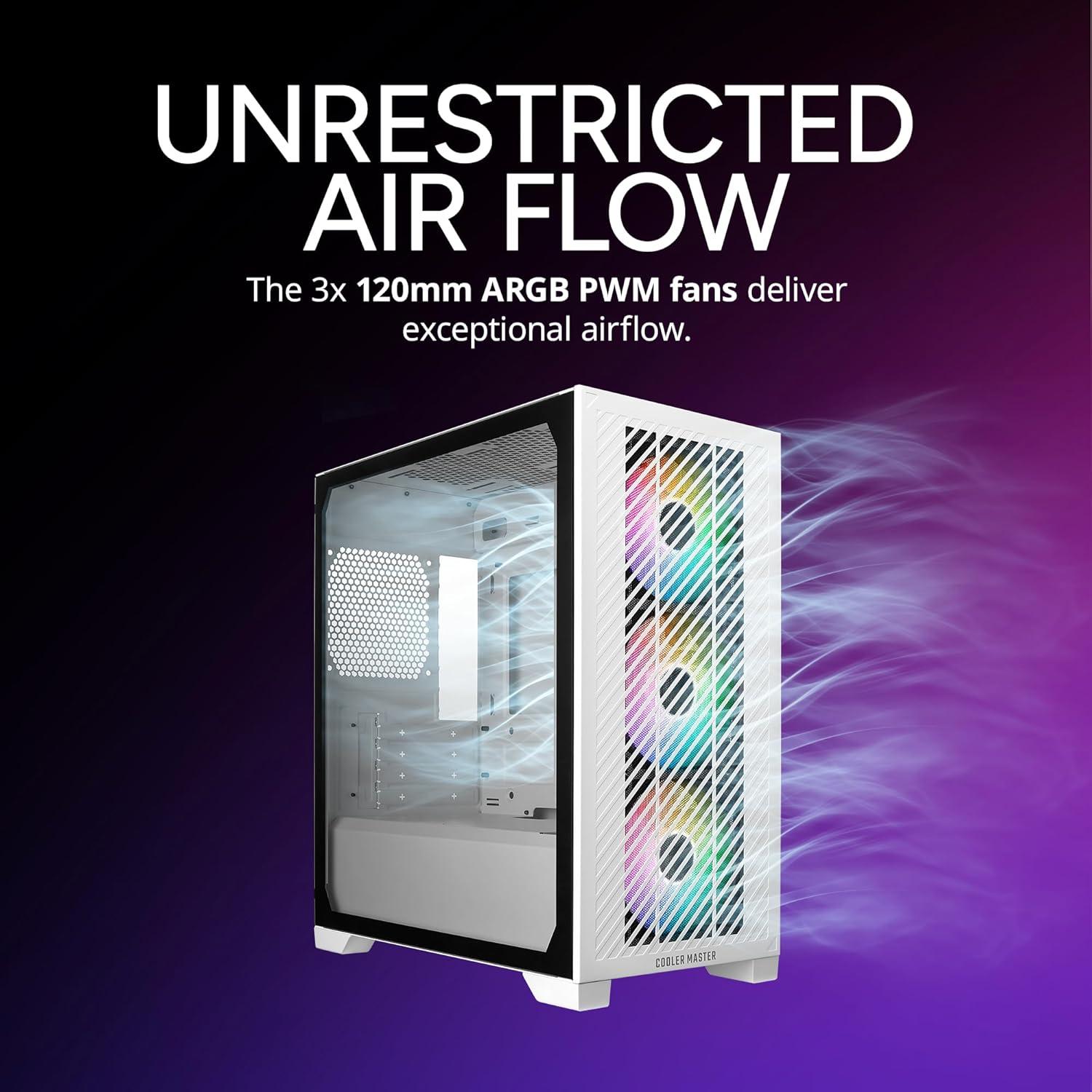 imageCooler Master Elite 301 MicroATX High Airflow Minimalist PC Case 365mm GPU Max Compatible RTX 5080RX 7090 XT 280mm AIO Max Type C Tempered Glass Triple 120mm aRGB PWM Fan Intakes GrillElite 301 White