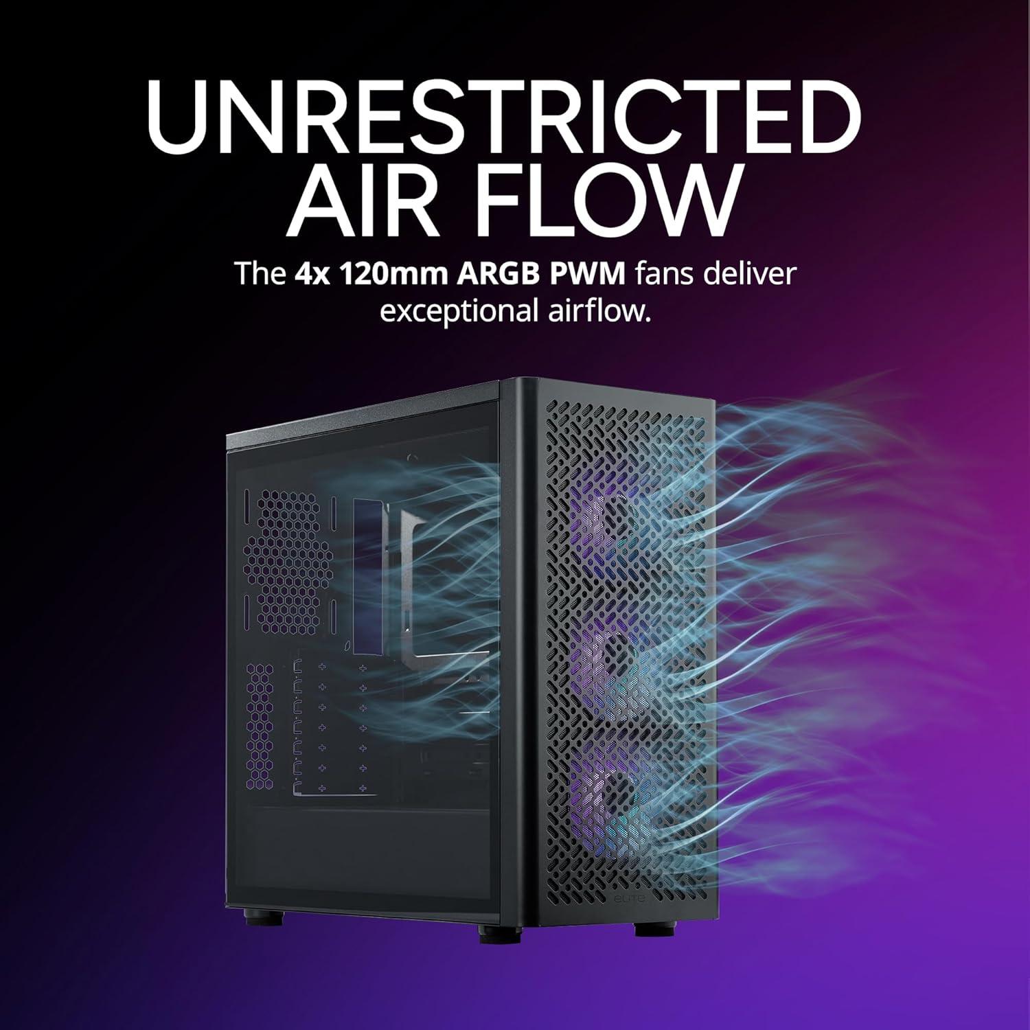 imageCooler Master Elite 502 ATX High Airflow Minimalist PC Case 410mm GPU Max Compatible RTX 5090RX 7090 XT 360mm AIO Max Type C Tempered Glass Triple 120mm aRGB Fan Intakes GrillElite 502