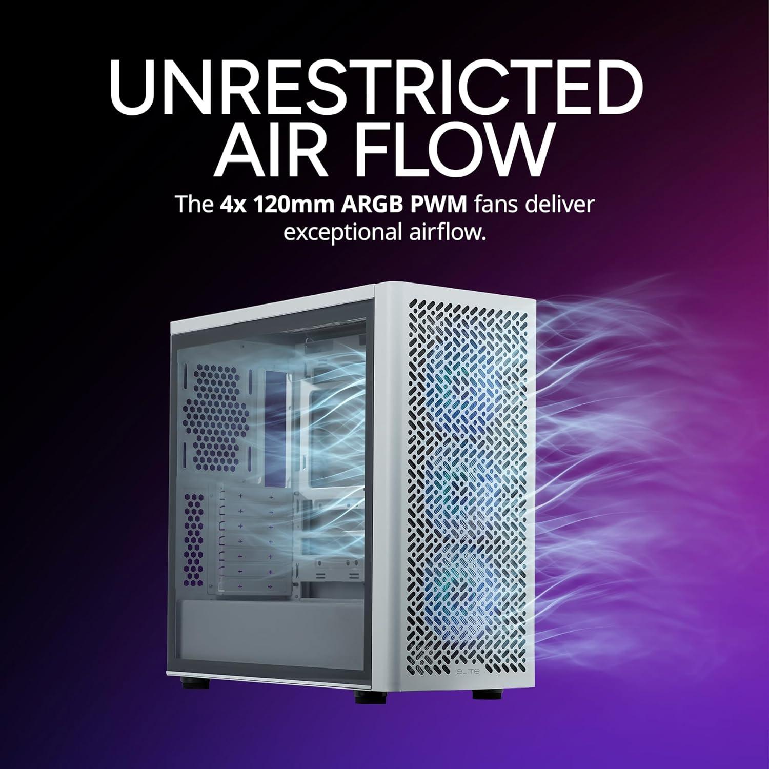 imageCooler Master Elite 502 ATX High Airflow Minimalist PC Case 410mm GPU Max Compatible RTX 5090RX 7090 XT 360mm AIO Max Type C Tempered Glass Triple 120mm aRGB Fan Intakes GrillElite 502 White