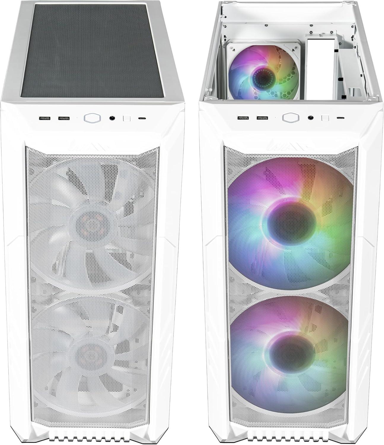 imageCooler Master HAF 500 High Airflow ATX MidTower Mesh Front Panel Dual 200mm Customizable ARG Lighting Fans Rotatable GPU Fan USB 32 Gen 2 Type C and Tempered Glass H500KGNNS00HAF 500 White