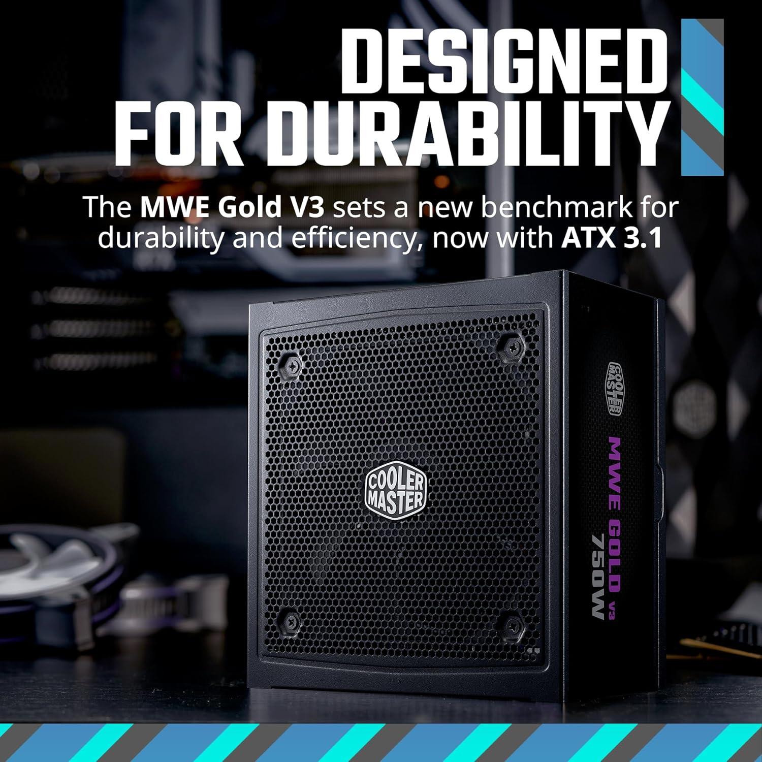 imageCooler Master MWE Gold 750 V3 Full Modular Power Supply 750W 80 Gold ATX 31 90 PCIe 51 Designed Ready Nvidia RTX 5070 Ti AMD RX 9070 XT ZeroRPM Mode Hexagonal Fan Cover 10YearGold 750 V3