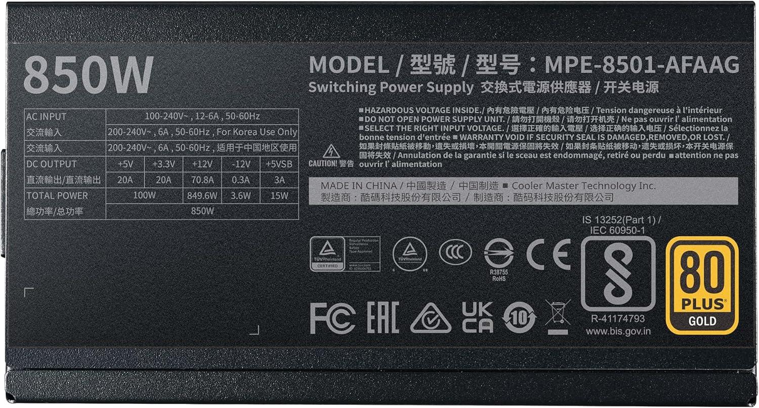 imageCooler Master MWE Gold 850 V2 Full Modular PSU 850W 80 Gold Designed Ready Nvidia RTX 5080 AMD RX 9070 XT 2 EPS Connectors 120mm HDB Fan Semifanless 5YearGold 850 V2