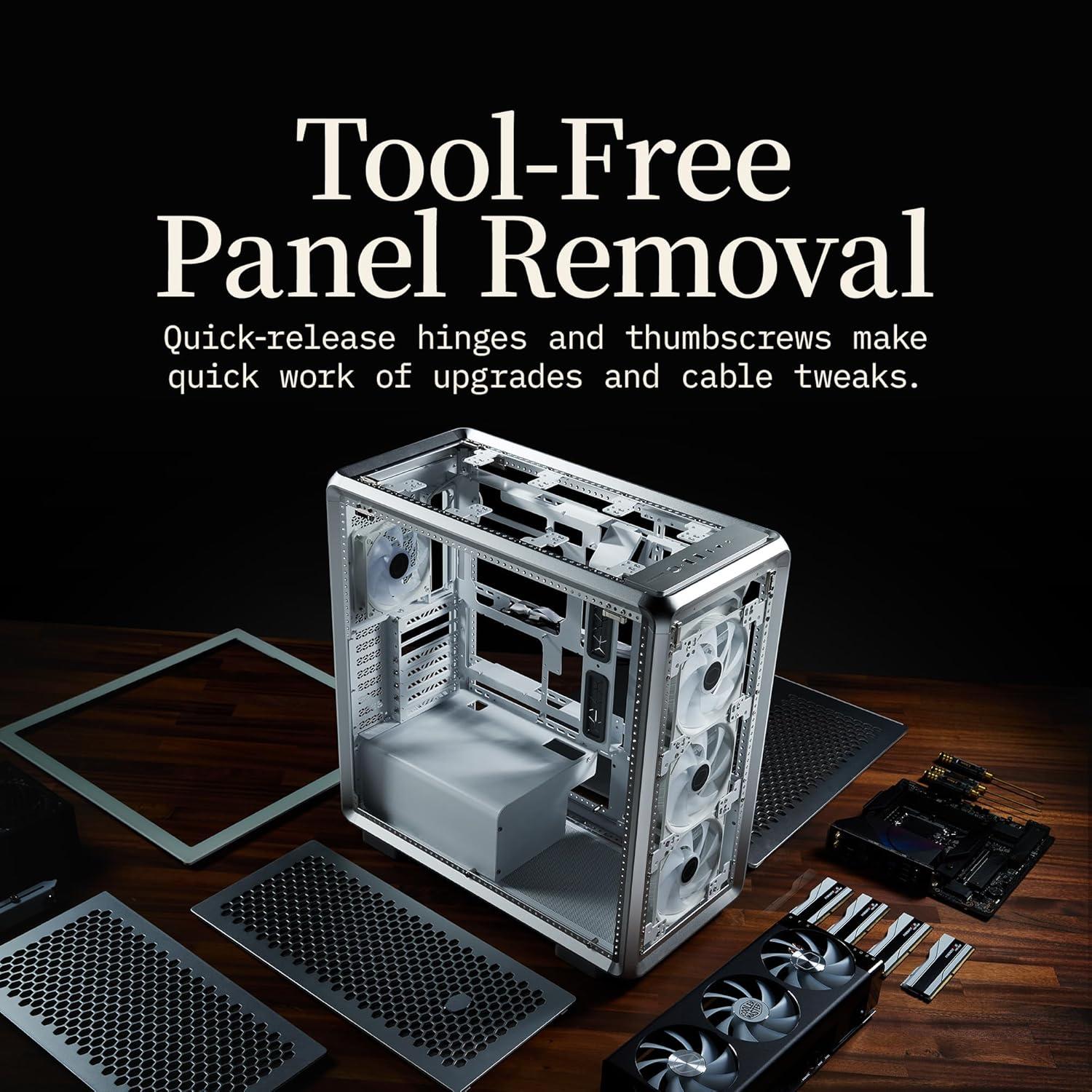 imageCooler Master MasterFrame 600 Freeform 20 Modular Platform ATX MidTower Case Aluminum Frame Magnetic Side Panels Customizable Internal 410mm GPU Max 420mm AIO Max Type C Tempered GlassMasterFrame 600 Silver