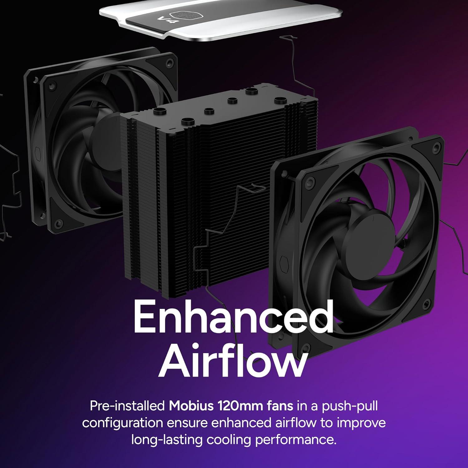 imageCooler Master V4 Alpha 3DHP Black CPU Cooler Alpha 3DHP Heat Pipe Technology Dual Mobius 120 PWM Fans Quiet Operation Easy Install AMD Ryzen 9 AM54 Intel Ultra 9 LGA 18511700V4 Alpha 3DHP