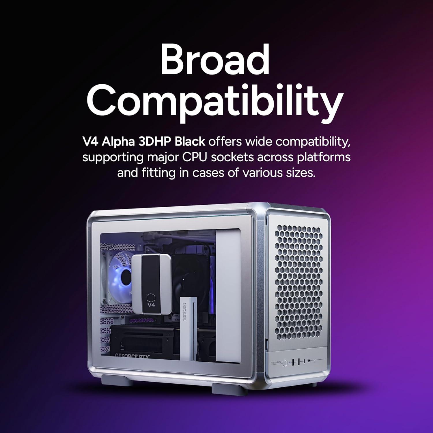 imageCooler Master V4 Alpha 3DHP Black CPU Cooler Alpha 3DHP Heat Pipe Technology Dual Mobius 120 PWM Fans Quiet Operation Easy Install AMD Ryzen 9 AM54 Intel Ultra 9 LGA 18511700V4 Alpha 3DHP