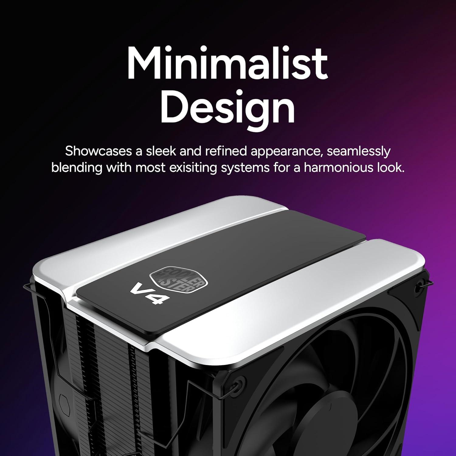 imageCooler Master V4 Alpha 3DHP Black CPU Cooler Alpha 3DHP Heat Pipe Technology Dual Mobius 120 PWM Fans Quiet Operation Easy Install AMD Ryzen 9 AM54 Intel Ultra 9 LGA 18511700V4 Alpha 3DHP