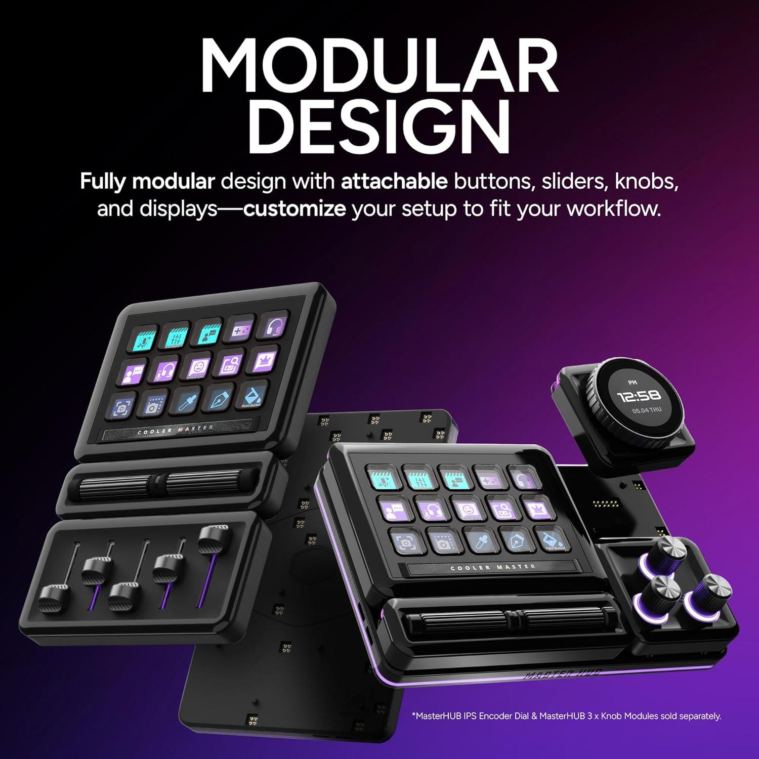 imageMasterHUB 3xKnob Module Freeform 20 Modular Platform Precision Control with Customizable Knobs and RGB LEDs for Effortless FineTuning of Creative Apps and Lighting by Cooler MasterMasterHUB Creator Kit