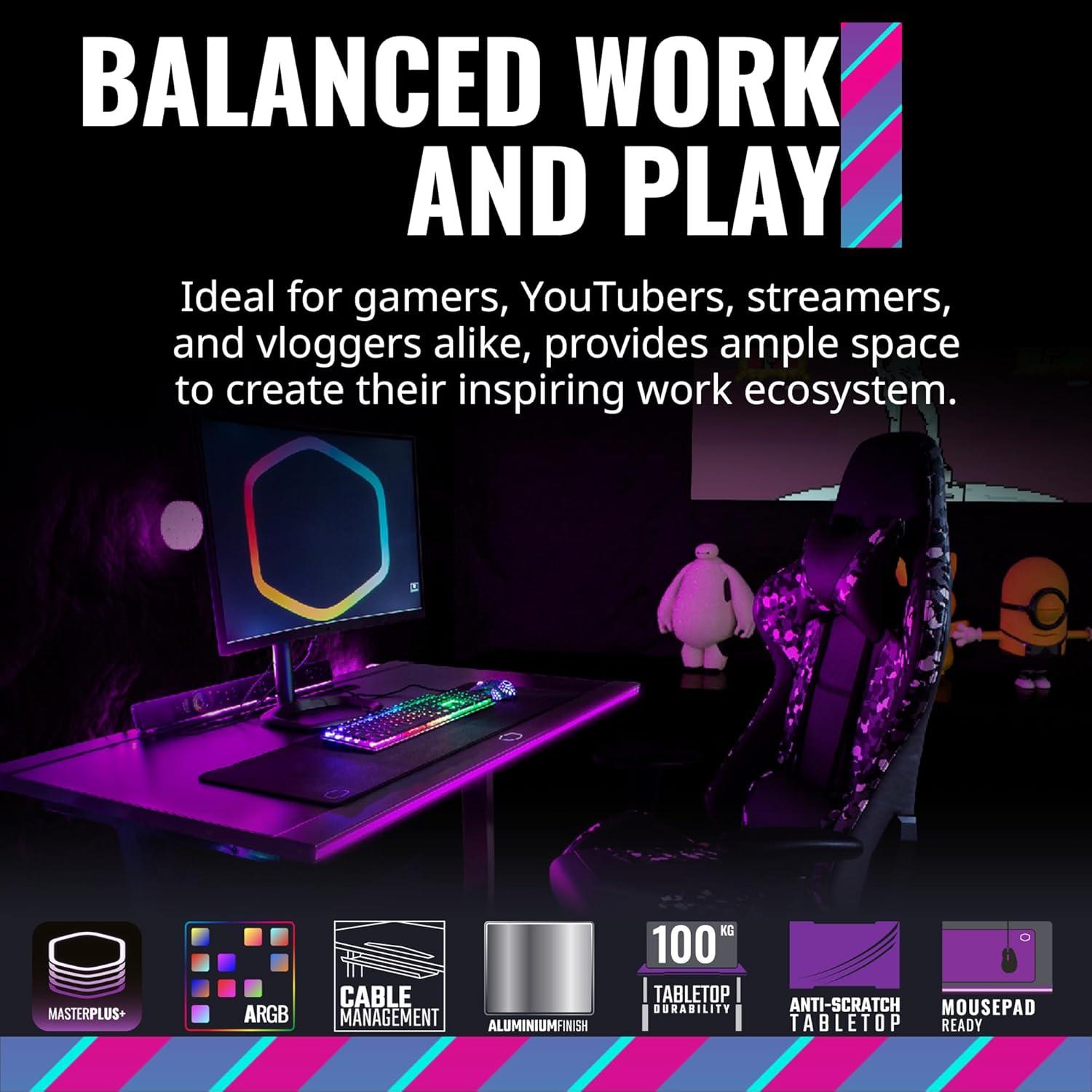 imageCooler Master GD120 V1 PC Gaming Desk Full Surface WaterRepellent Mousepad 220lbs Weight Support 3 Height Levels Cable Management Tray 472D x 236W WorkstationHome OfficeGD120 ARGB