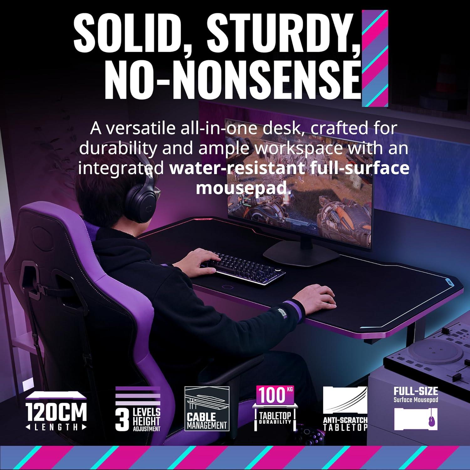 imageCooler Master GD120 V1 PC Gaming Desk Full Surface WaterRepellent Mousepad 220lbs Weight Support 3 Height Levels Cable Management Tray 472D x 236W WorkstationHome OfficeGD120
