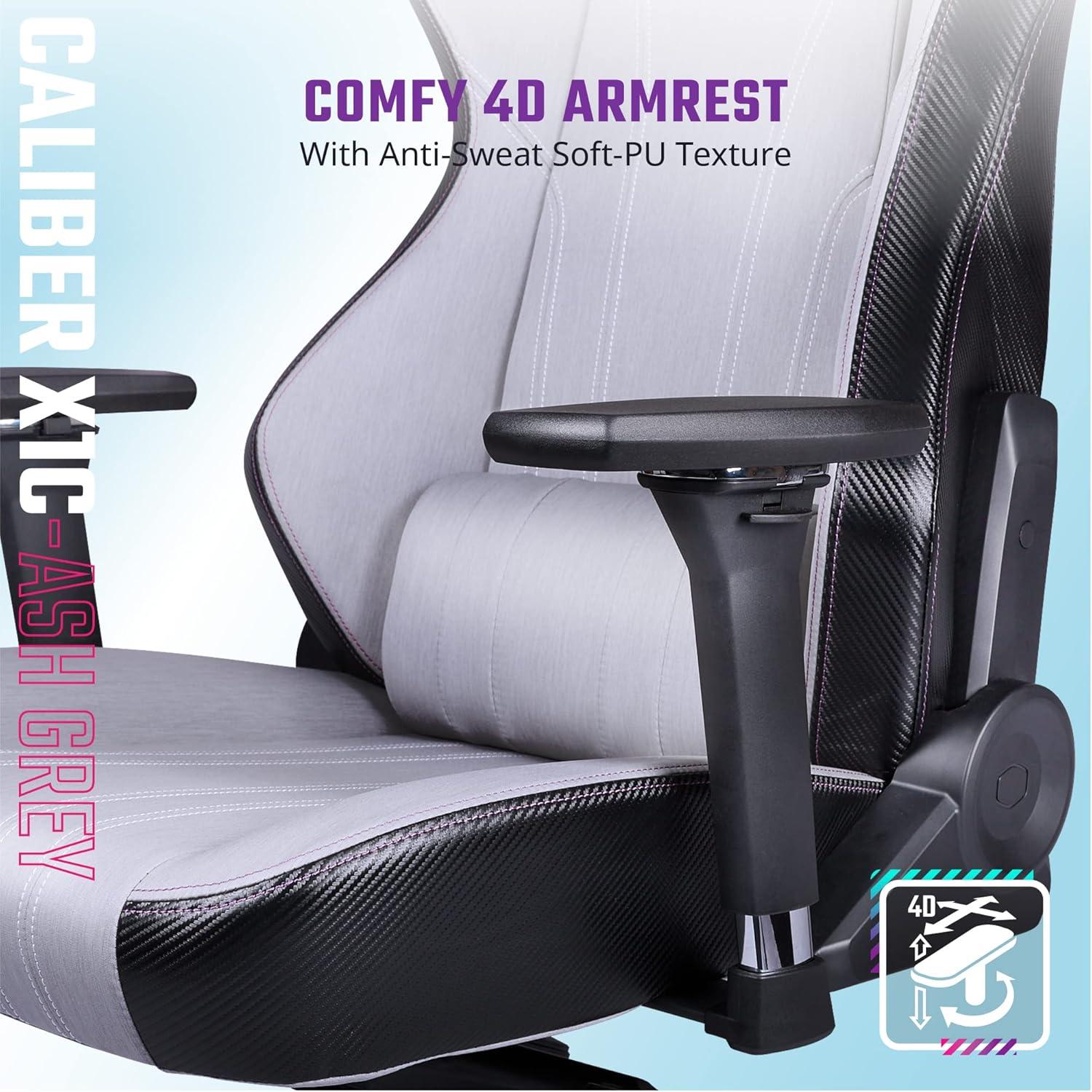 imageCooler Master Hybrid 1 Ergonomic Gaming Chair MuscleFlex Mesh ColdMolded Foam Steel Frame Aluminum Base 180 Reclining Adjustable Lumbar Support Gas Lift 360 Swivel for PC Game OfficeCaliber X1C Gray