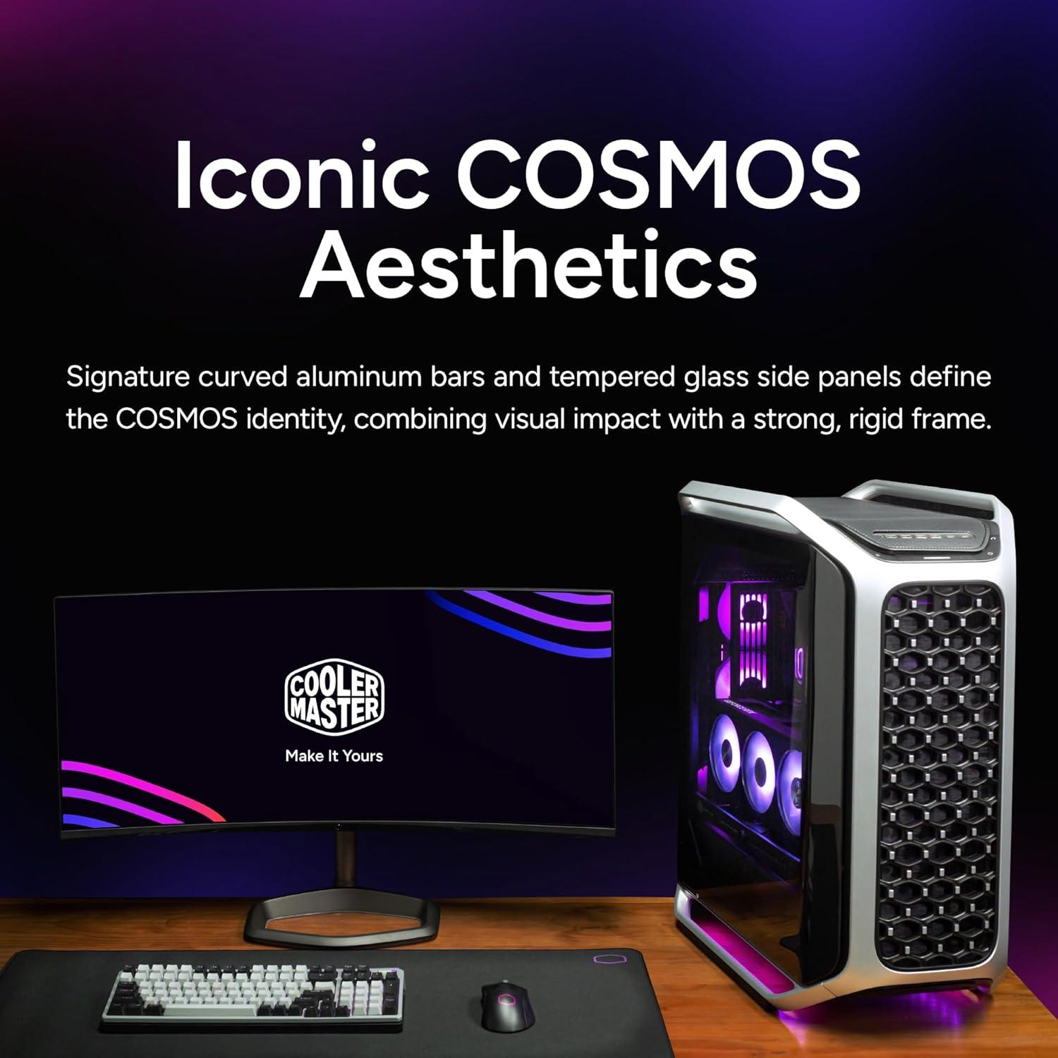 imageCooler Master Cosmos Alpha Full Tower PC Case Freeform 20 Rotatable Layout400mm GPUs 420mm Radiator Curved Aluminum Frame Tempered Glass Dual 200mm Fans EATX Support USBC 20Gbps